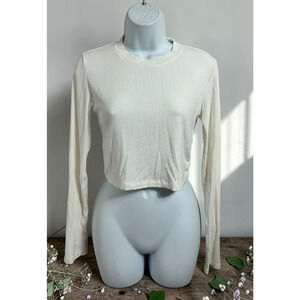 Mono B White Crop Top Sz Medium Ribbed Long-Sleeve Blouse Shirt Trendy Comfy